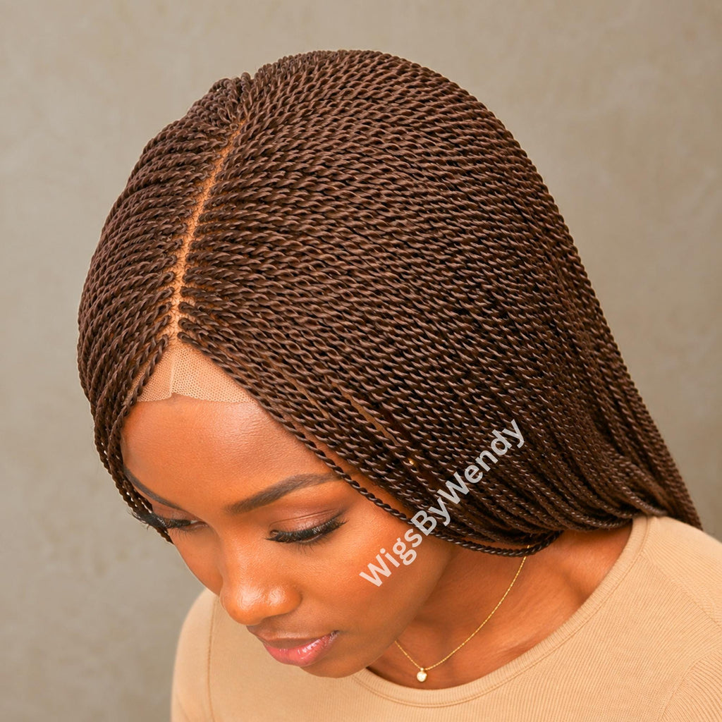 Brown 24inches Micro Twist Braided Wig, Long Centre-part Light-weight Single Braids Wig