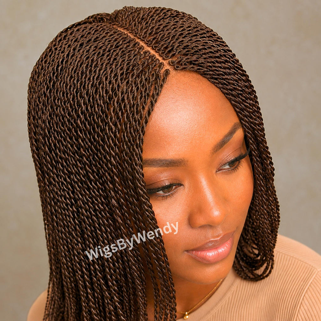 Brown 24inches Micro Twist Braided Wig, Long Centre-part Light-weight Single Braids Wig