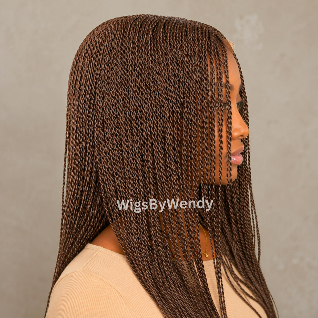 Brown 24inches Micro Twist Braided Wig, Long Centre-part Light-weight Single Braids Wig