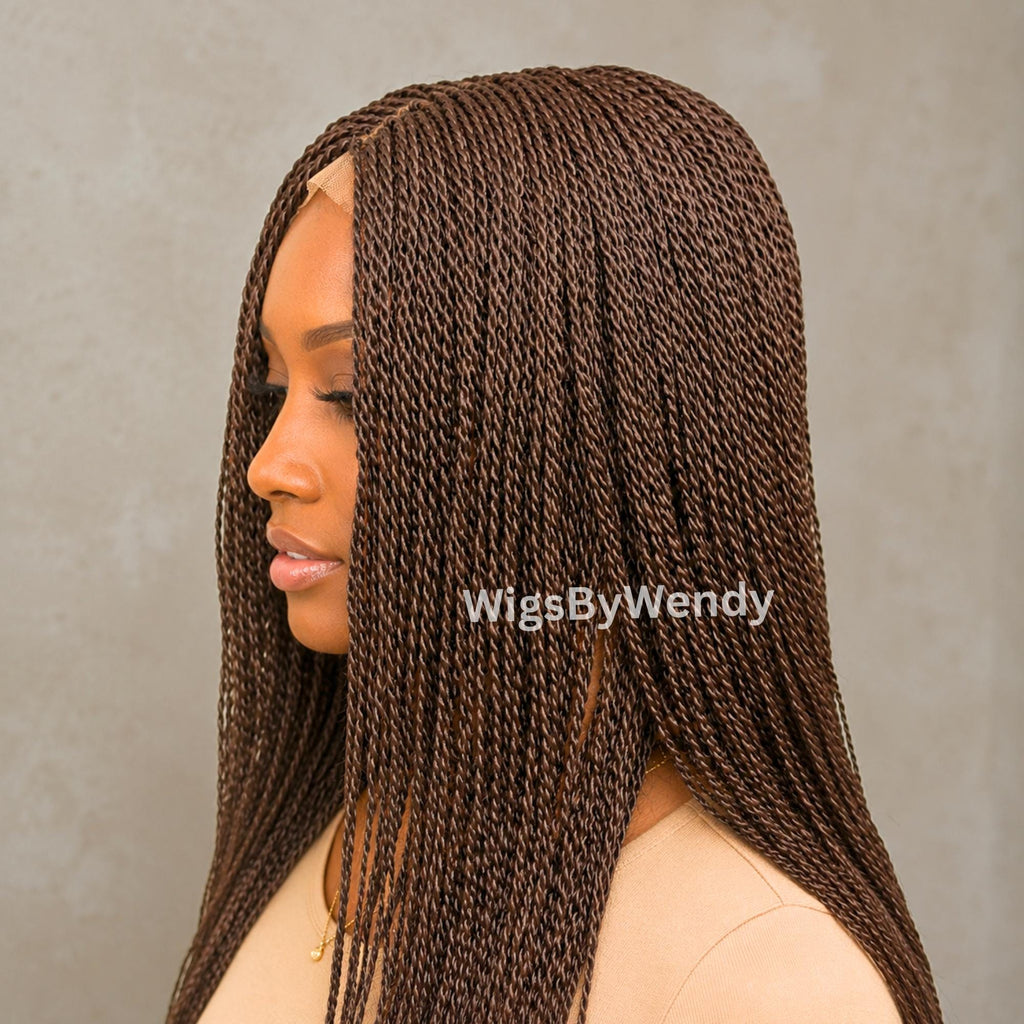 Brown 24inches Micro Twist Braided Wig, Long Centre-part Light-weight Single Braids Wig