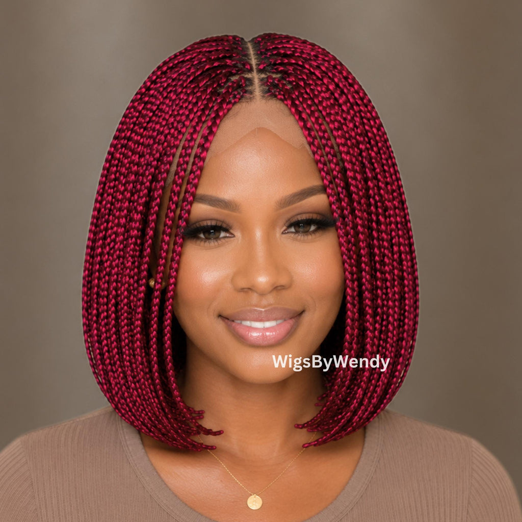Short Bob Braids Wig, Red Burgundy Human Hair Lace Closure Lightweight Wig