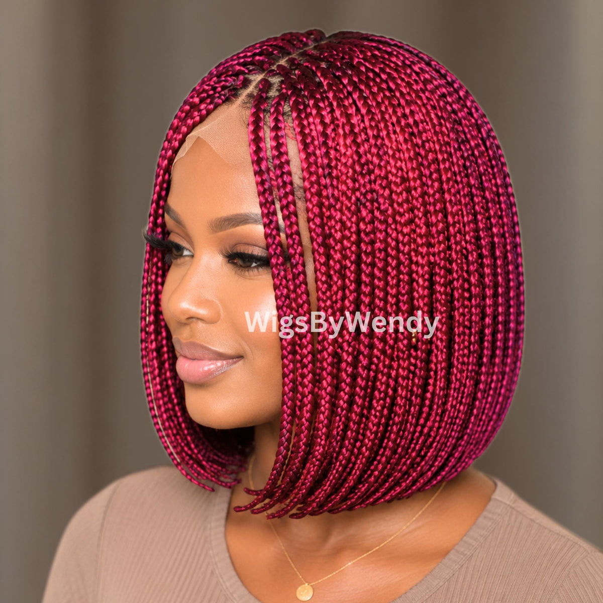 Short Bob Braids Wig, Red Burgundy Human Hair Lace Closure Lightweight Wig