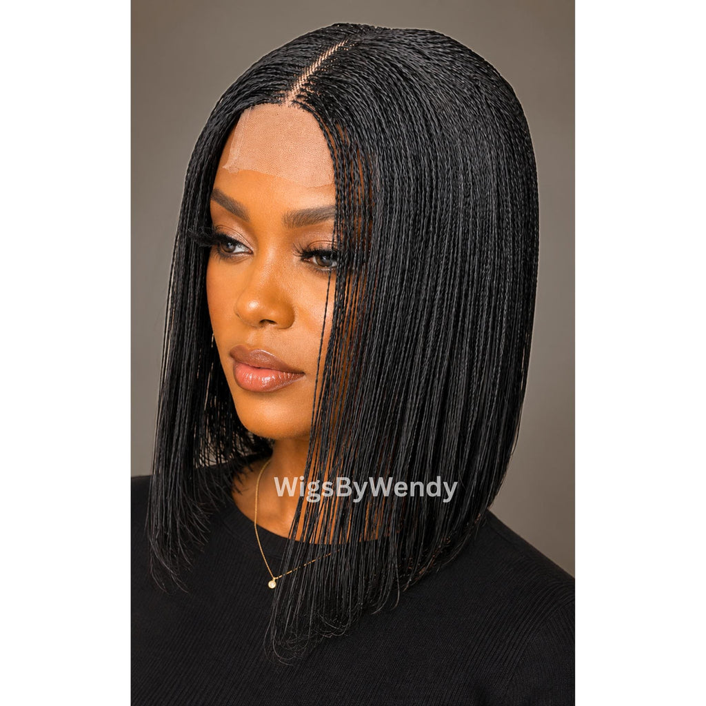 Black Micro Twist Braided Wig, Centre-part Light-weight Single Braids Wig