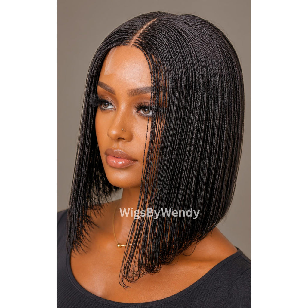 Black Micro Twist Braided Wig, Centre-part Light-weight Single Braids Wig