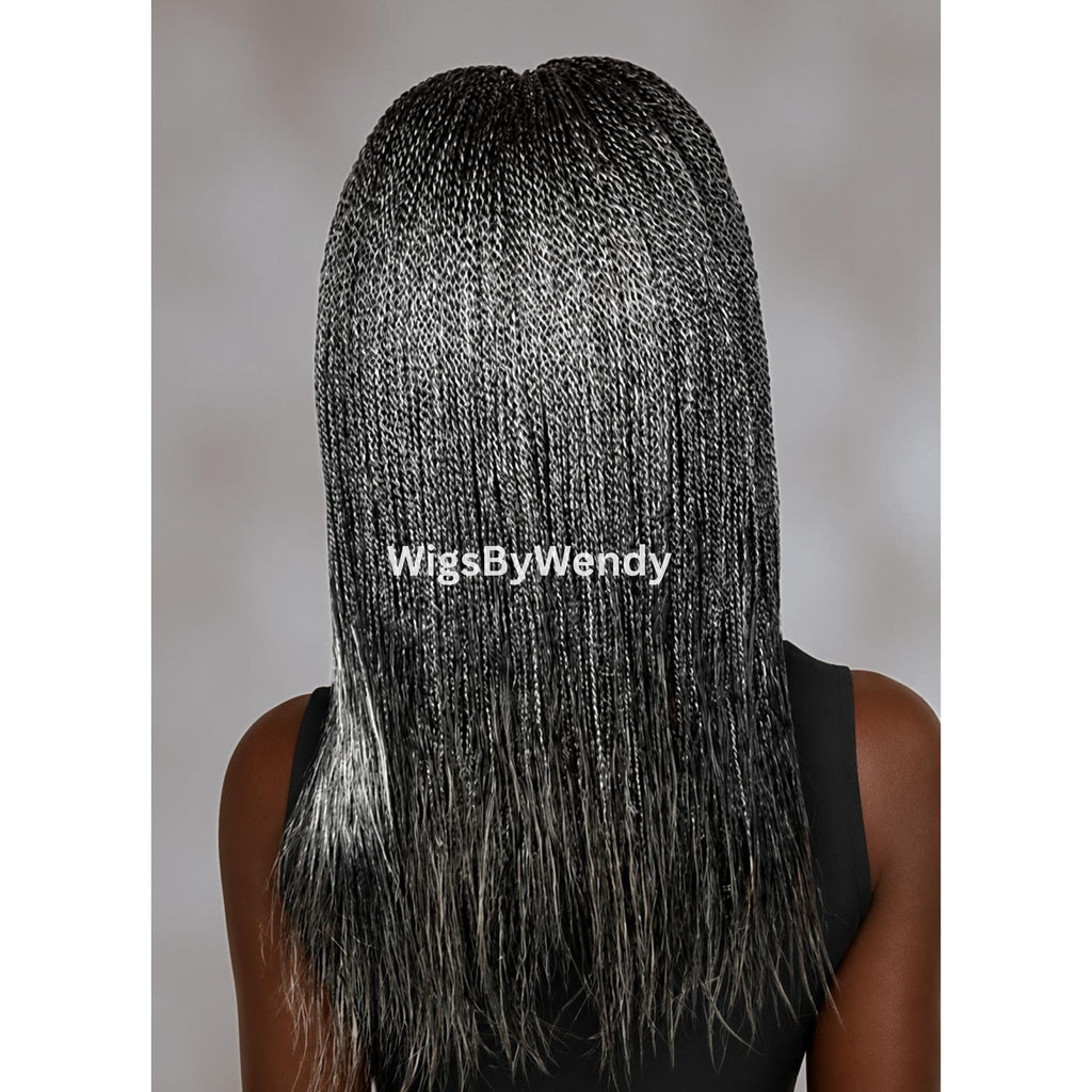Salt and Pepper Blackand Grey Micro Twist Braided Wig, Long Centre-part Light-weight Single Braids Wig