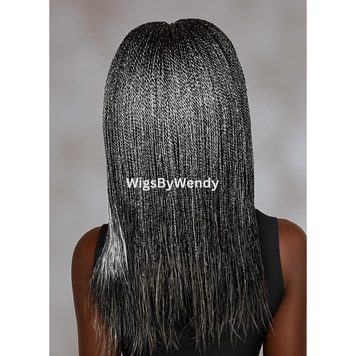Salt and Pepper Blackand Grey Micro Twist Braided Wig, Long Centre-part Light-weight Single Braids Wig