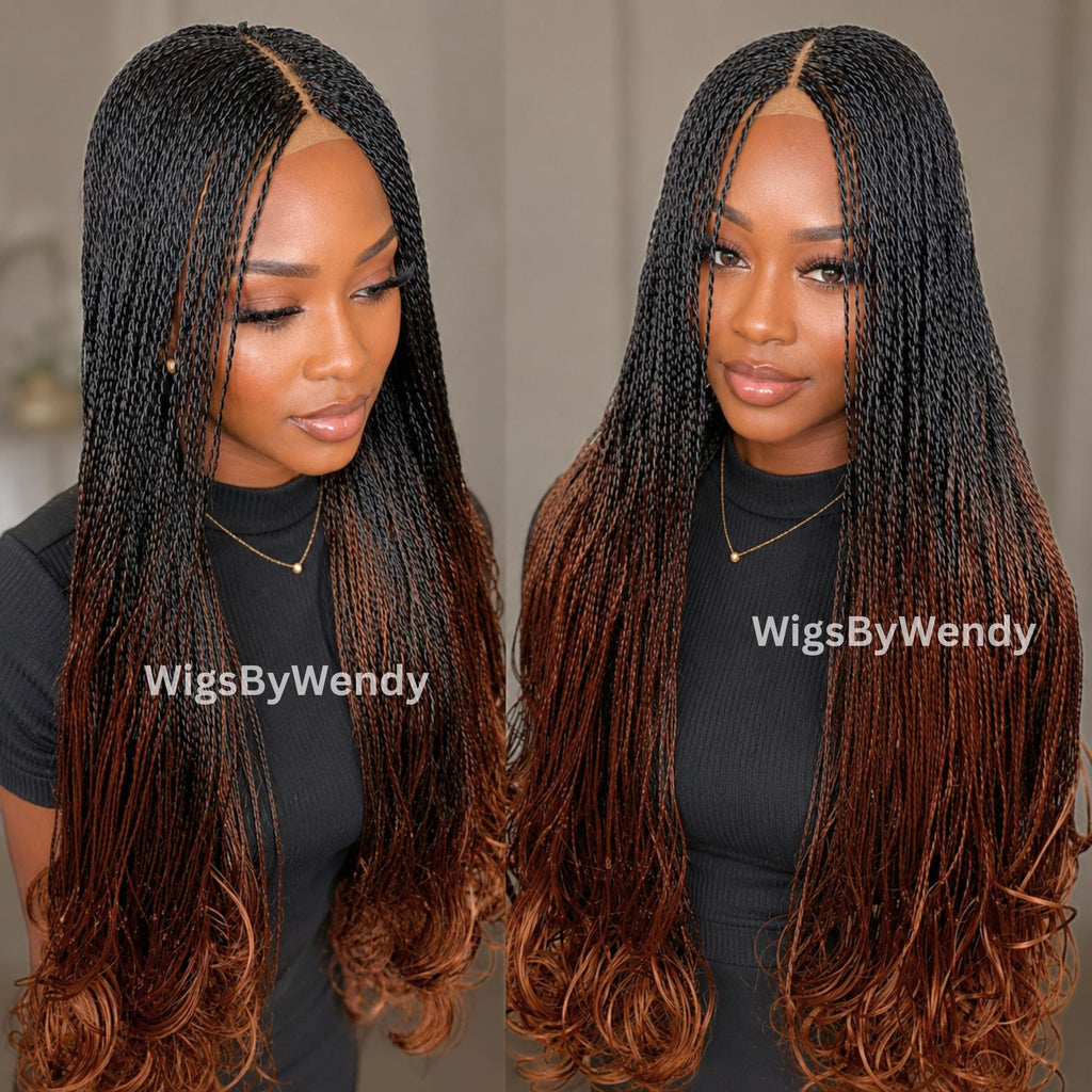Black/Brown Spanish Curls Lace Closure Twist Wig, Single Box Braids French Curls Lightweight African Weave Wig