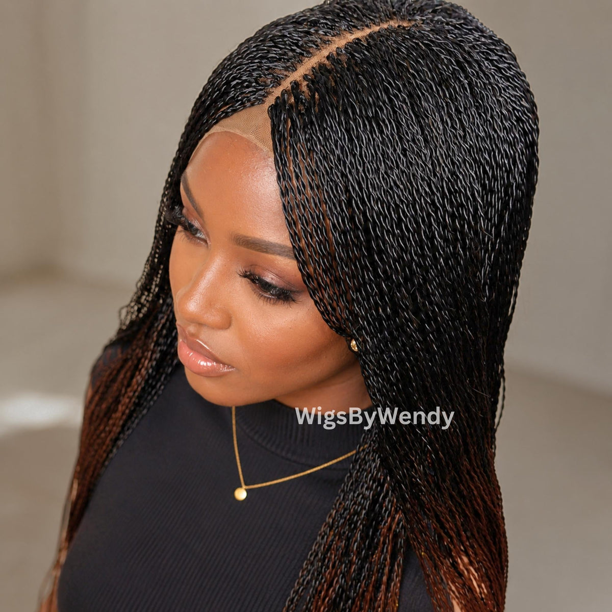 Black/Brown Spanish Curls Lace Closure Twist Wig, Single Box Braids French Curls Lightweight African Weave Wig