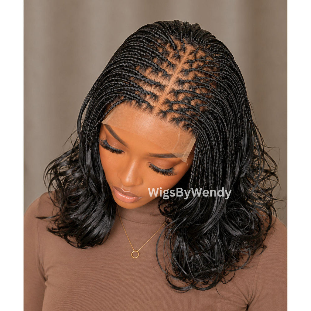 Curly Lace Frontal Single Box Braids Wig, Spanish Curls Shot bob lightweight african weave wig