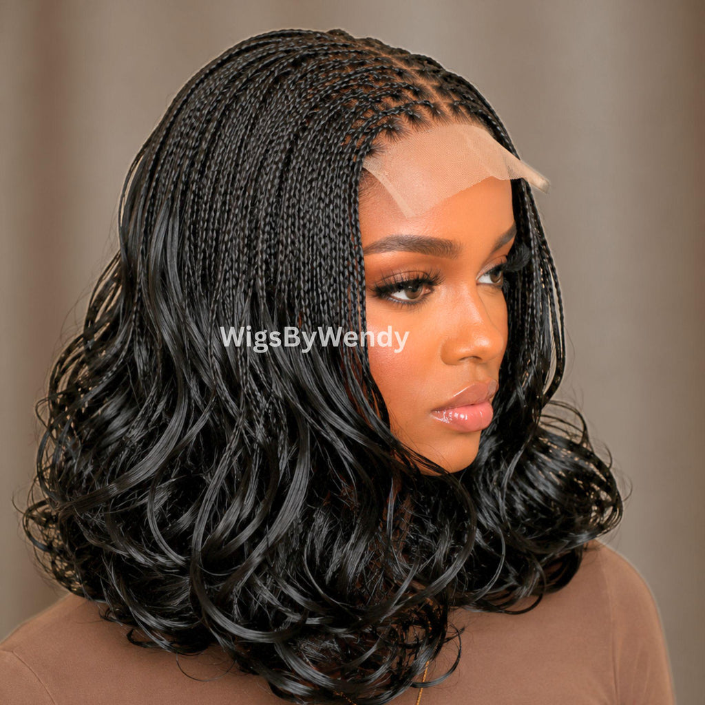 Curly Lace Frontal Single Box Braids Wig, Spanish Curls Shot bob lightweight african weave wig
