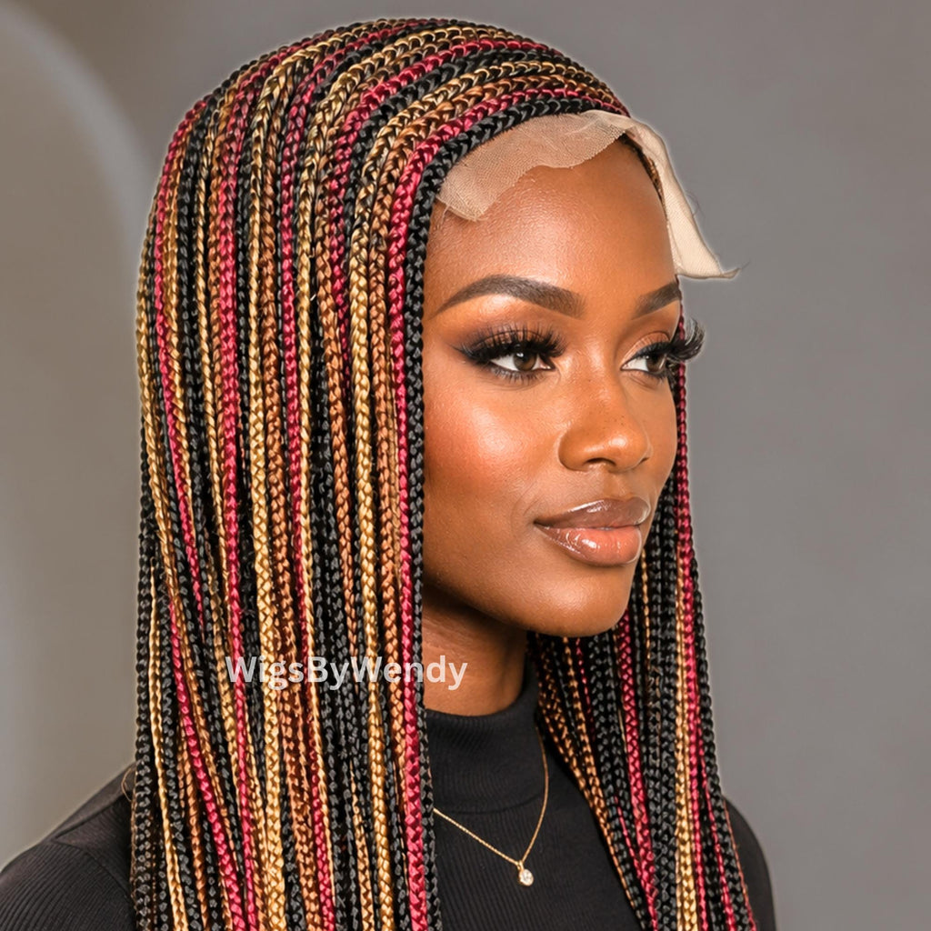 Rainbow Conrow Wig, Long Single Box Braids Lightweight African Weave Wig