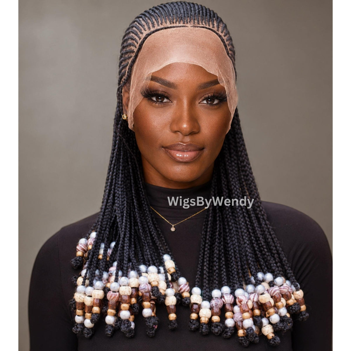 Beaded Full Lace All Back Conrow Braids Wig, Lightweight African Weave With Baby Hair