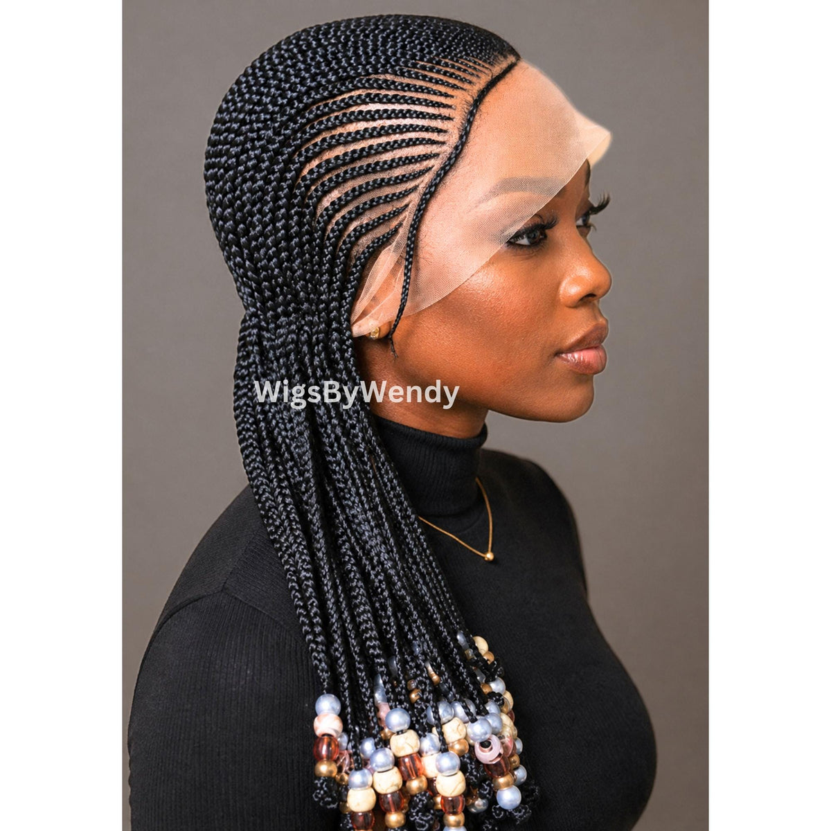 Beaded Full Lace All Back Conrow Braids Wig, Lightweight African Weave With Baby Hair