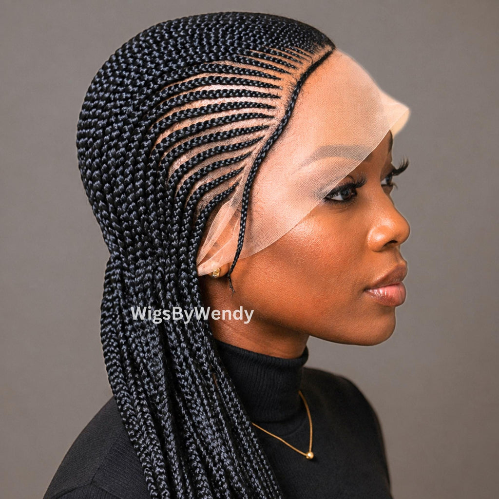 Beaded Full Lace All Back Conrow Braids Wig, Lightweight African Weave With Baby Hair