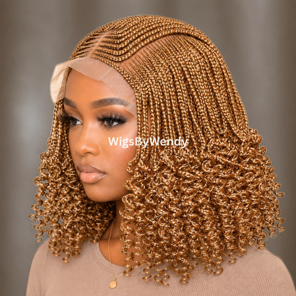 Gold Curly Lace Frontal Cornrow Wig, Short bob lightweight african weave wig
