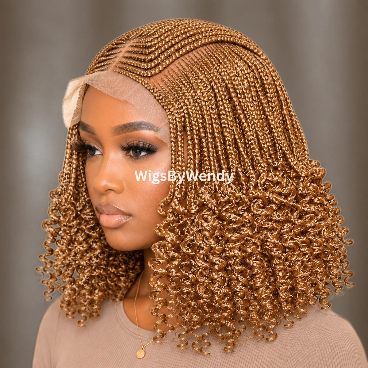 Gold Curly Lace Frontal Cornrow Wig, Short bob lightweight african weave wig