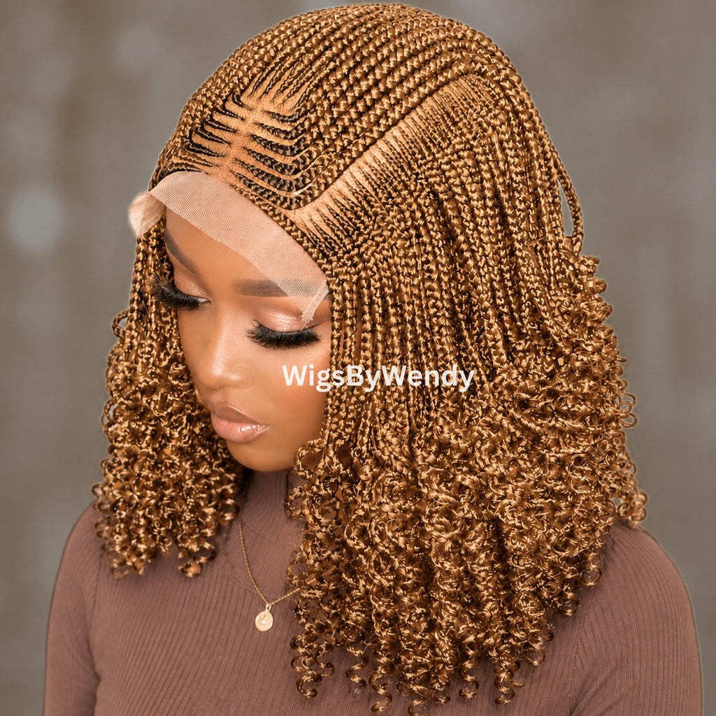 Gold Curly Lace Frontal Cornrow Wig, Short bob lightweight african weave wig