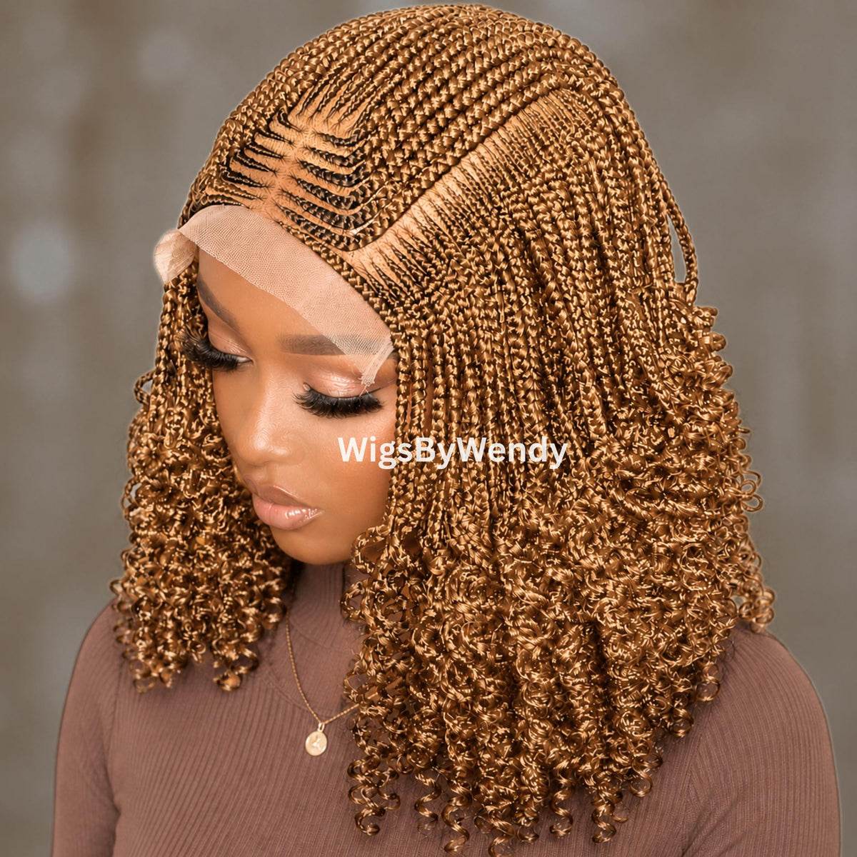 Gold Curly Lace Frontal Cornrow Wig, Short bob lightweight african weave wig