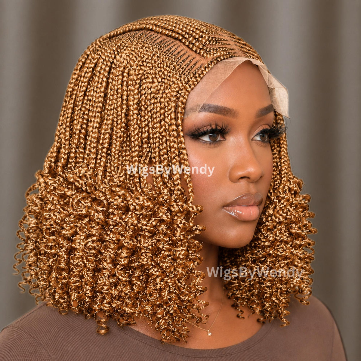 Gold Curly Lace Frontal Cornrow Wig, Short bob lightweight african weave wig