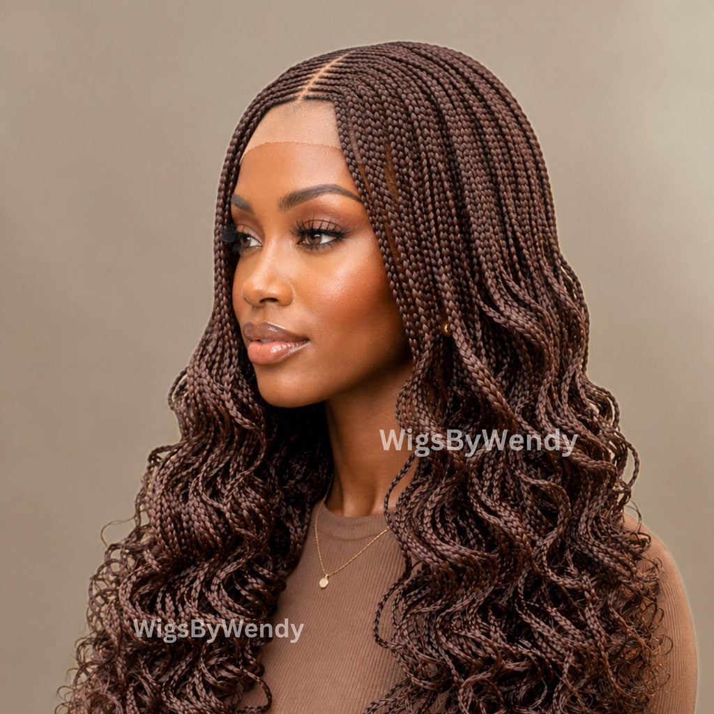 Brown Curly Lace Closure Middle Part Cornrow Braids Wig, Lightweight African Weave Wig