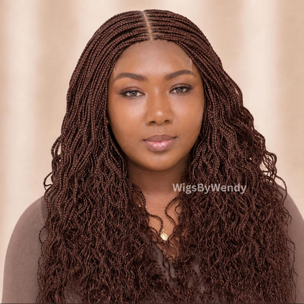 Brown Curly Lace Closure Single Box Braids Wig, Lightweight african weave wig