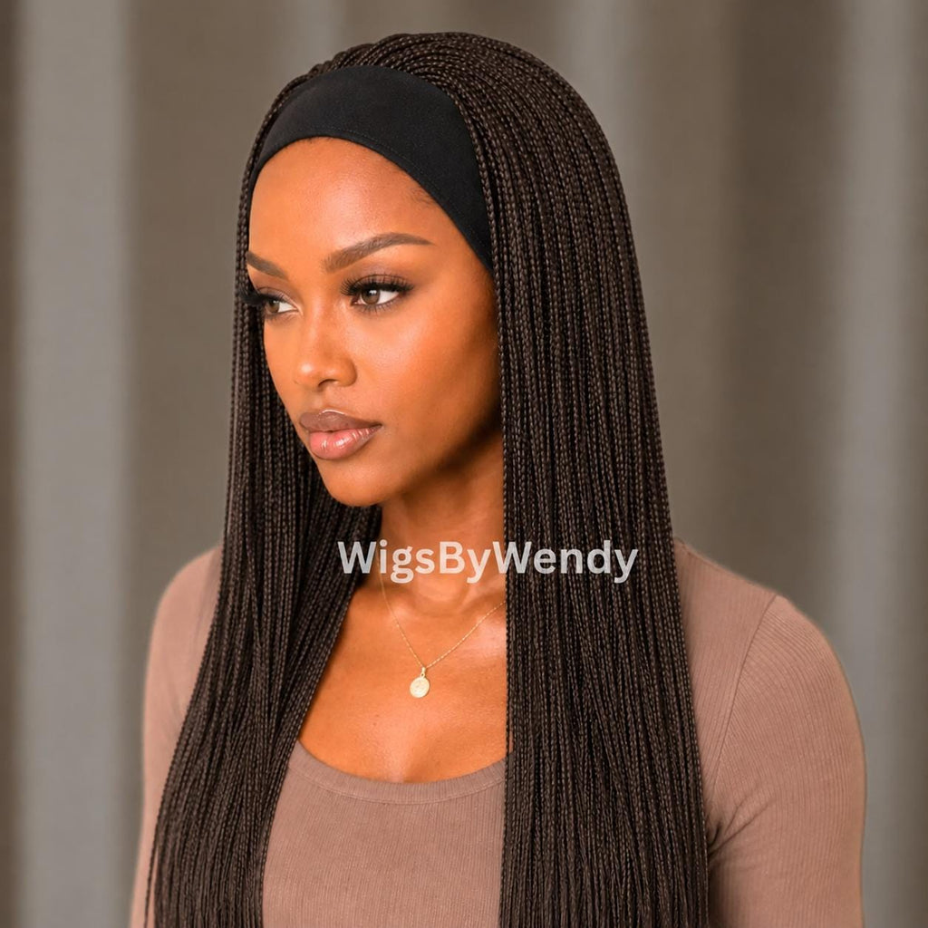 Brown Colour 4 Glueless Single Box Braids Headband Wig