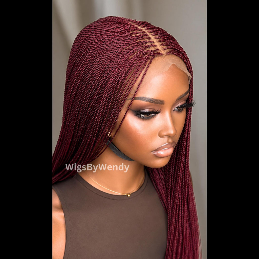 Red Micro Twist Braided Wig, Long Centre-part Light-weight Single Braids Wig