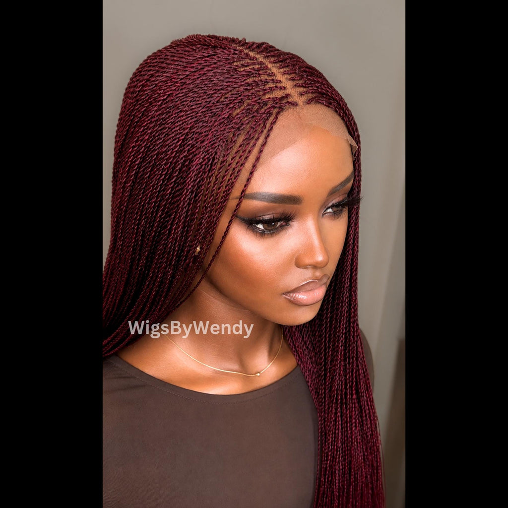 Red Micro Twist Braided Wig, Long Centre-part Light-weight Single Braids Wig