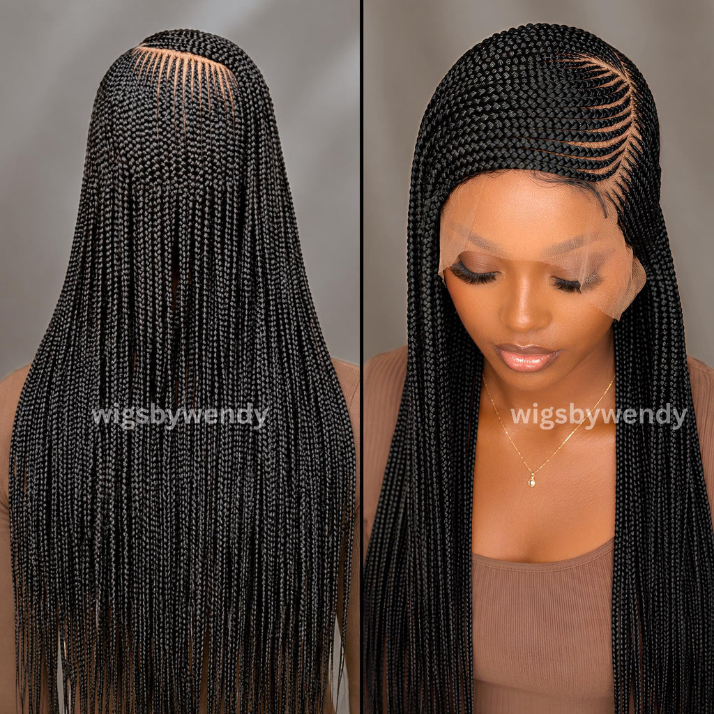 Full Lace Conrow Wig, Long Single Box Braids Lightweight African Weave Wig