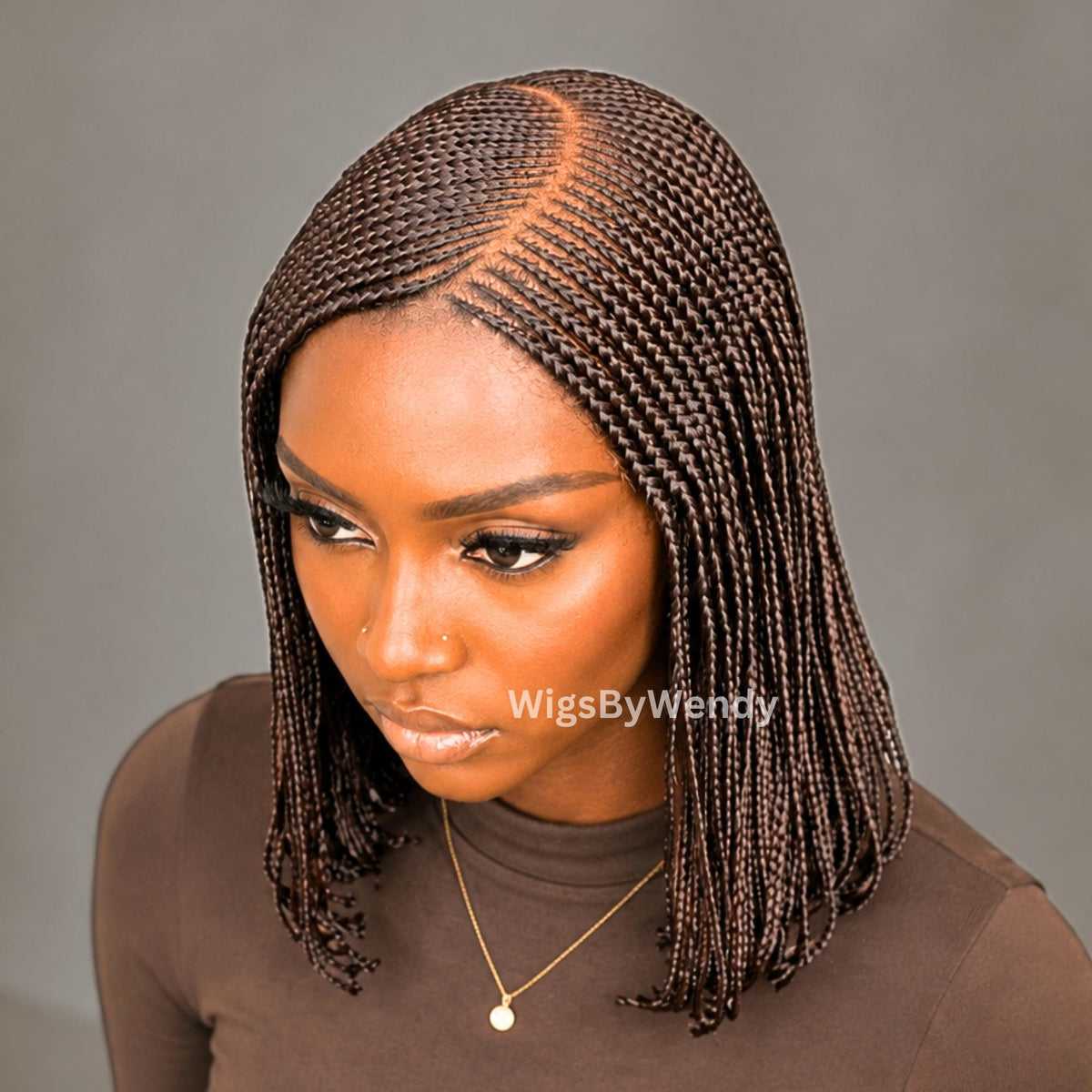 Brown Short Bob Braids Wig, Human Hair Lace Closure Lightweight Wig