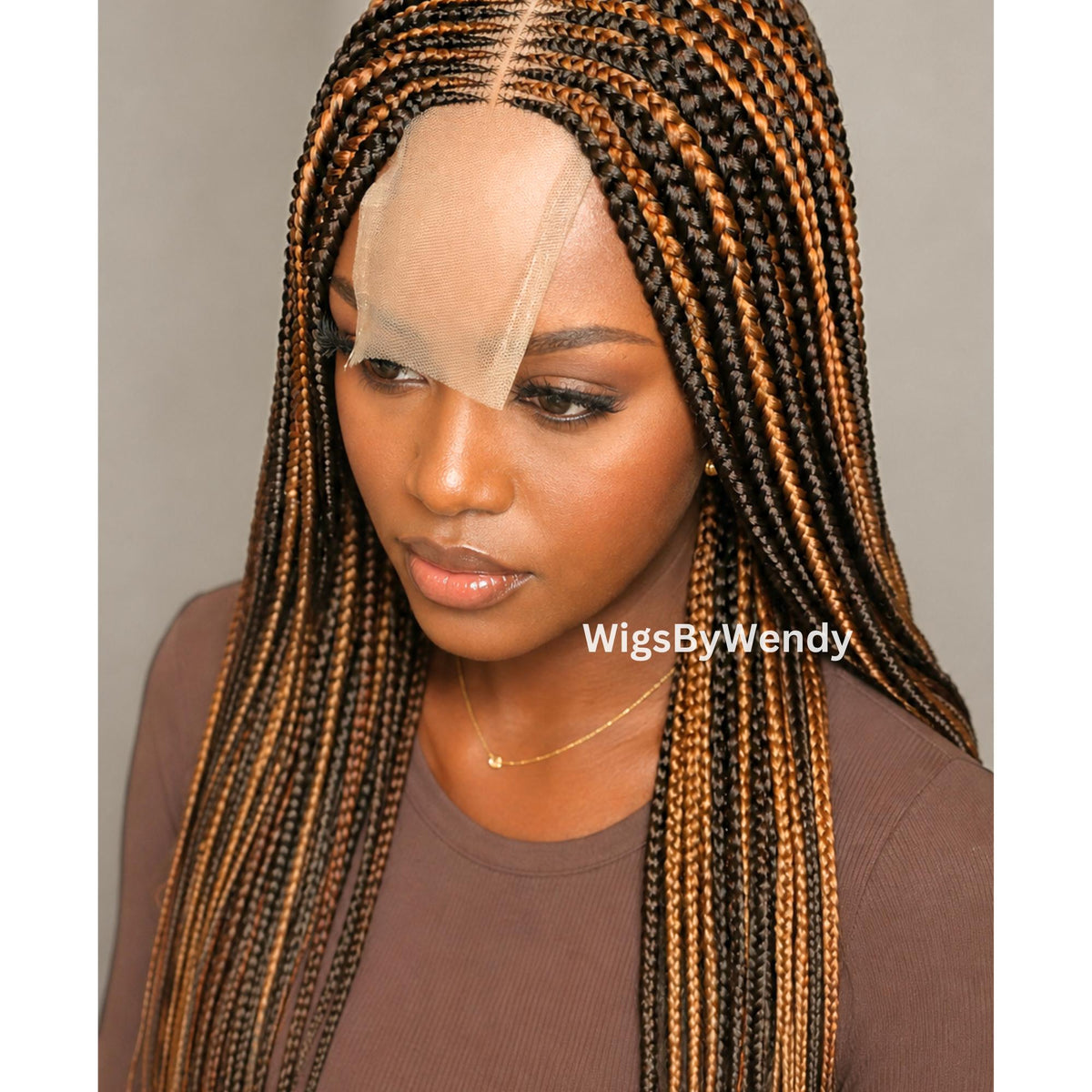 Brown and Gold 24 inches Middle Part Long Fulani Conrow Braids Wig