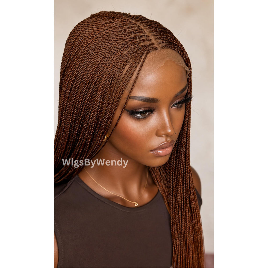Brown Micro Twist Braided Wig, Long Centre-part Light-weight Single Braids Wig