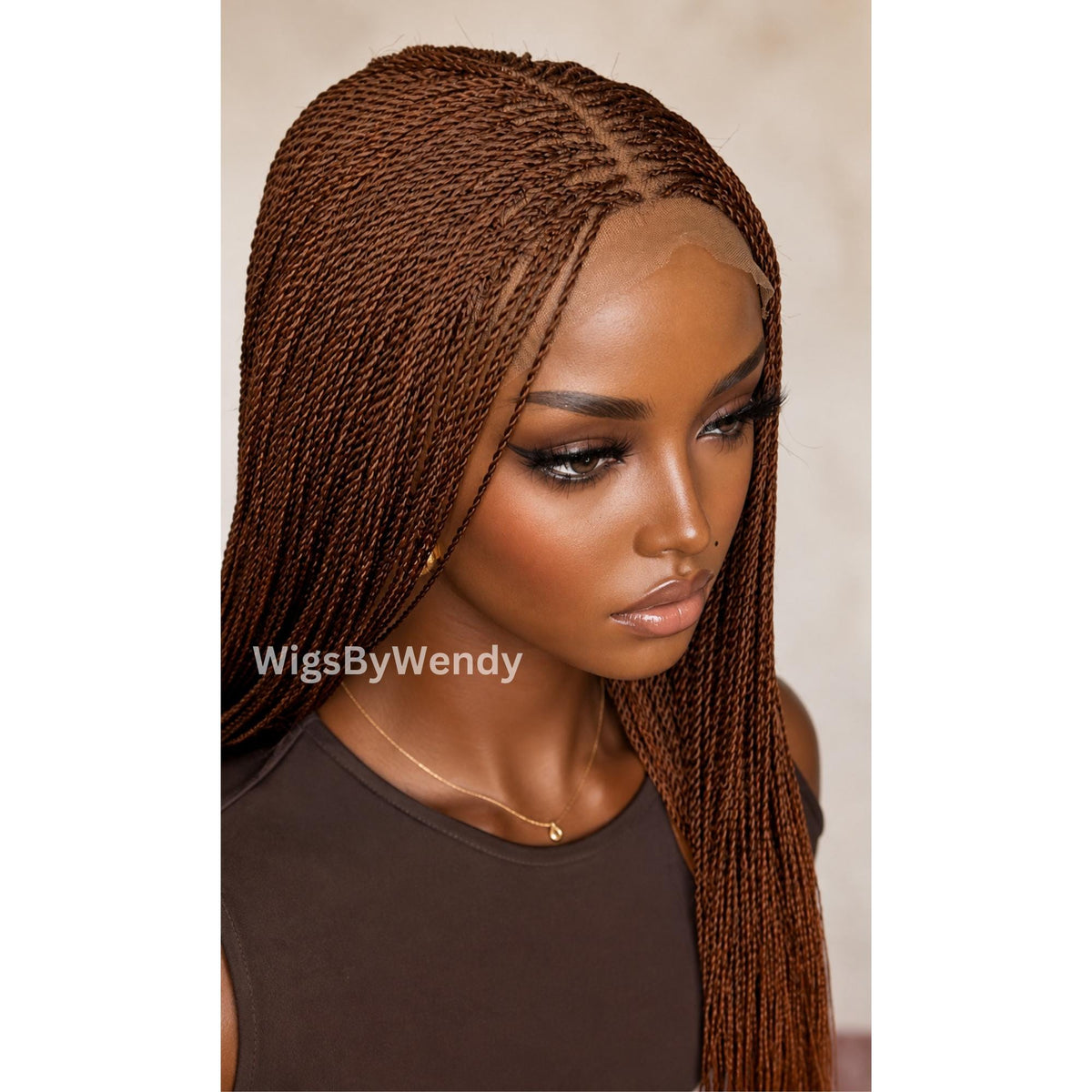 Brown Micro Twist Braided Wig, Long Centre-part Light-weight Single Braids Wig