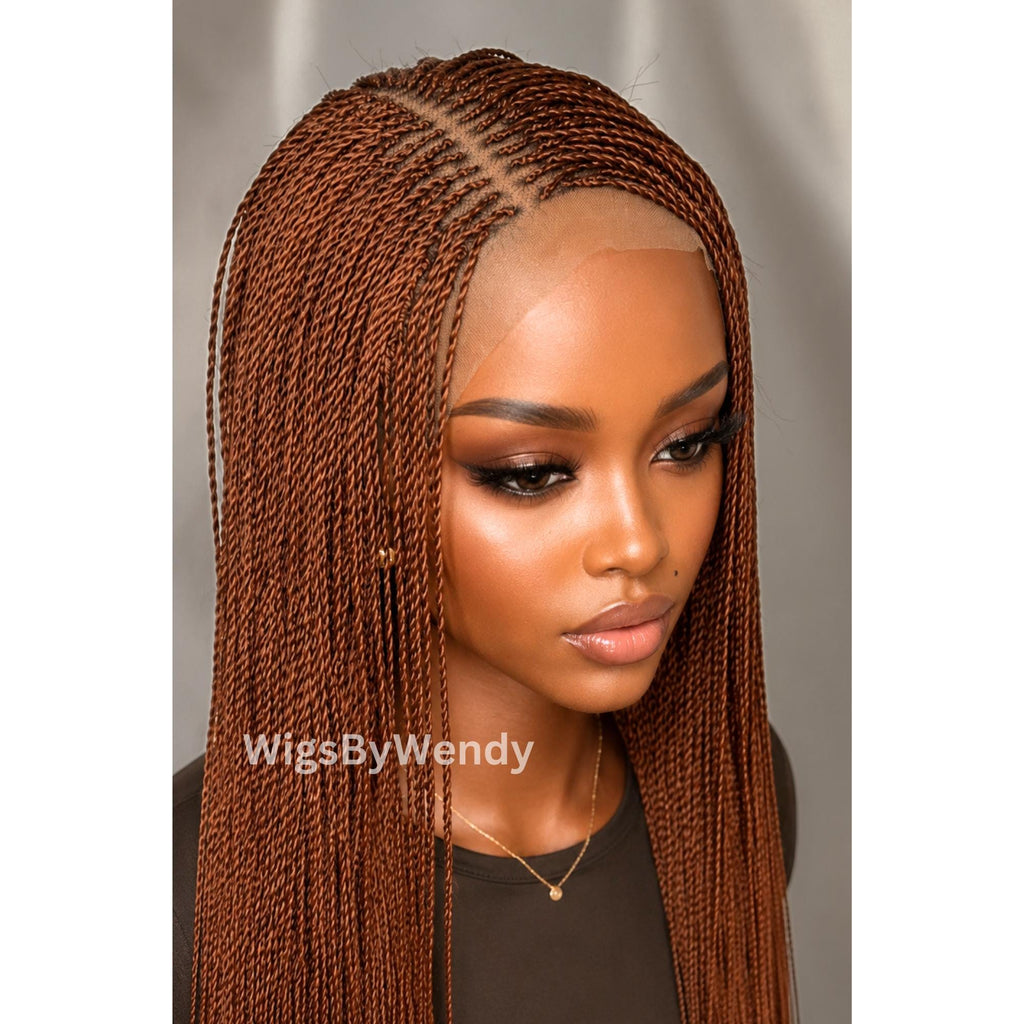 Brown Micro Twist Braided Wig, Long Centre-part Light-weight Single Braids Wig