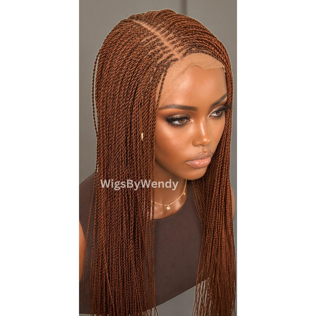 Brown Micro Twist Braided Wig, Long Centre-part Light-weight Single Braids Wig