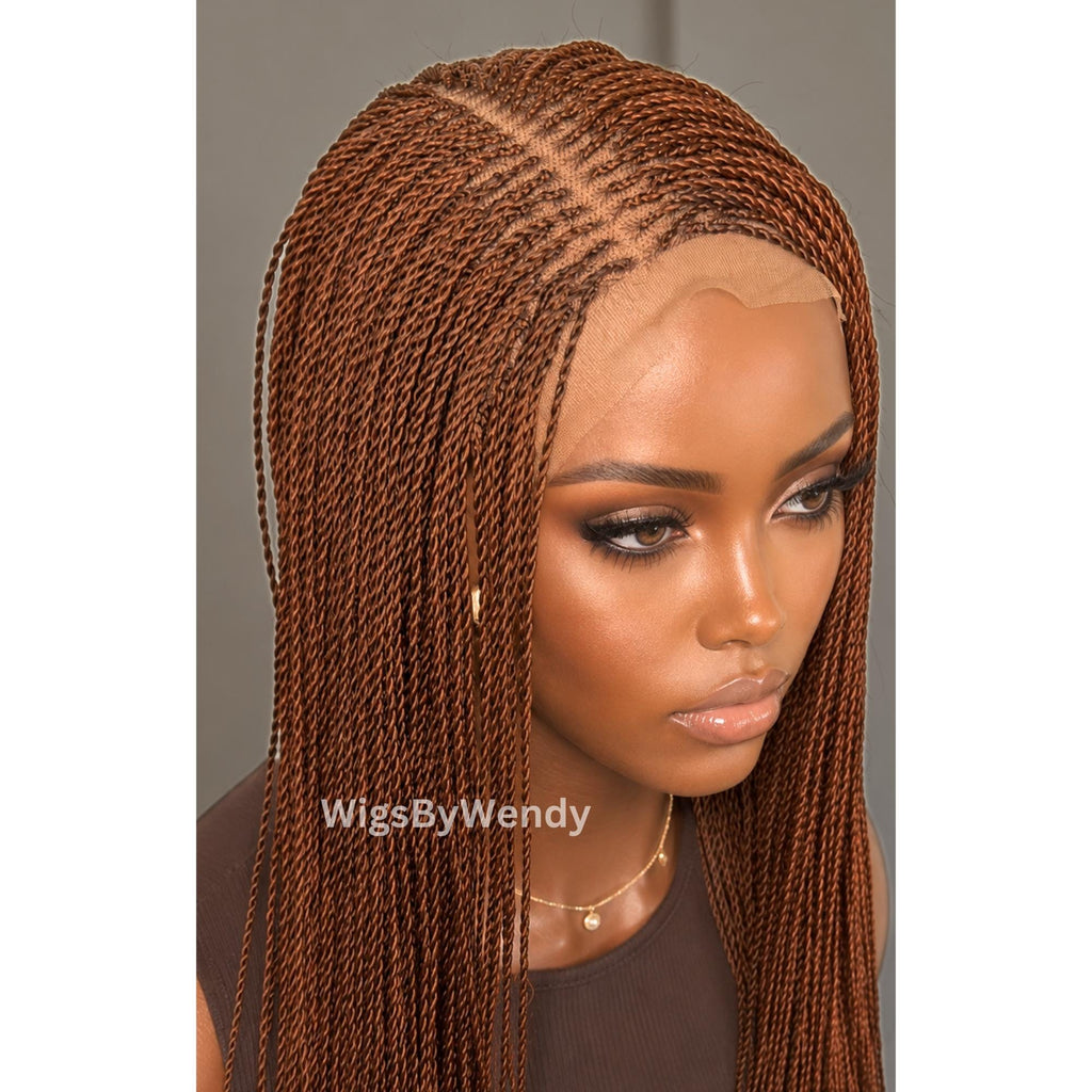 Brown Micro Twist Braided Wig, Long Centre-part Light-weight Single Braids Wig
