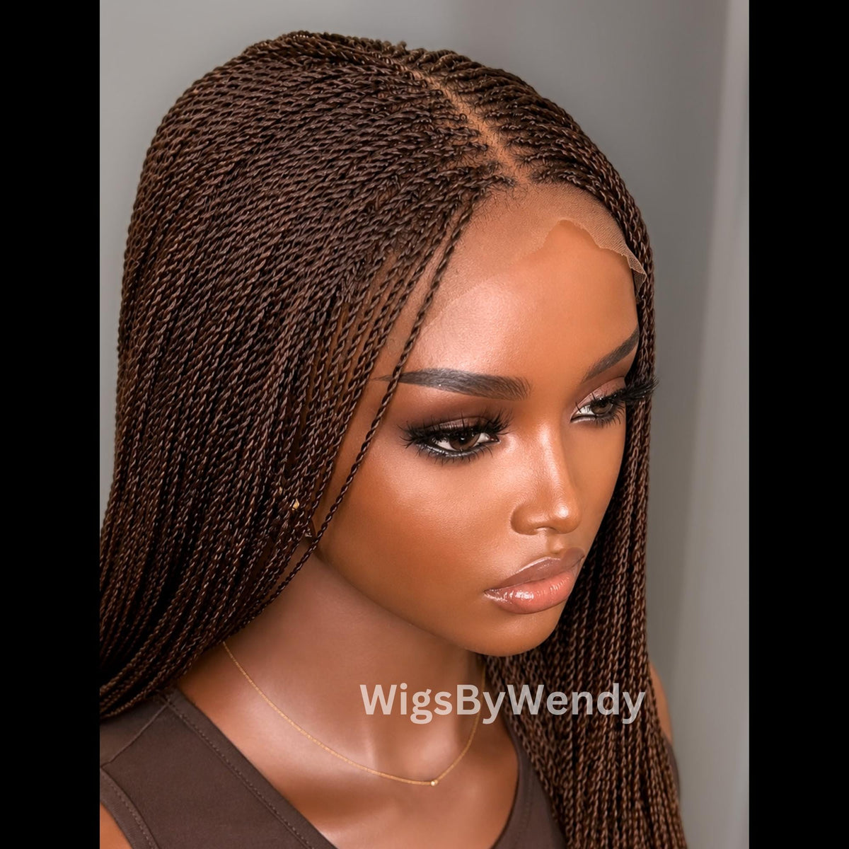 Dark Brown Micro Twist Braided Wig, Long Centre-part Light-weight Single Braids Wig,
