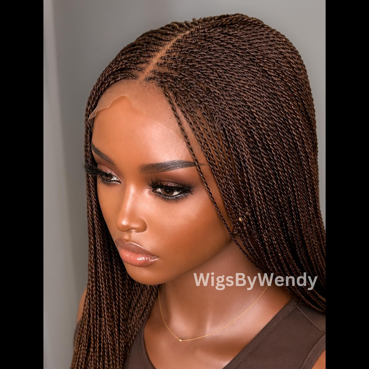Dark Brown Micro Twist Braided Wig, Long Centre-part Light-weight Single Braids Wig,