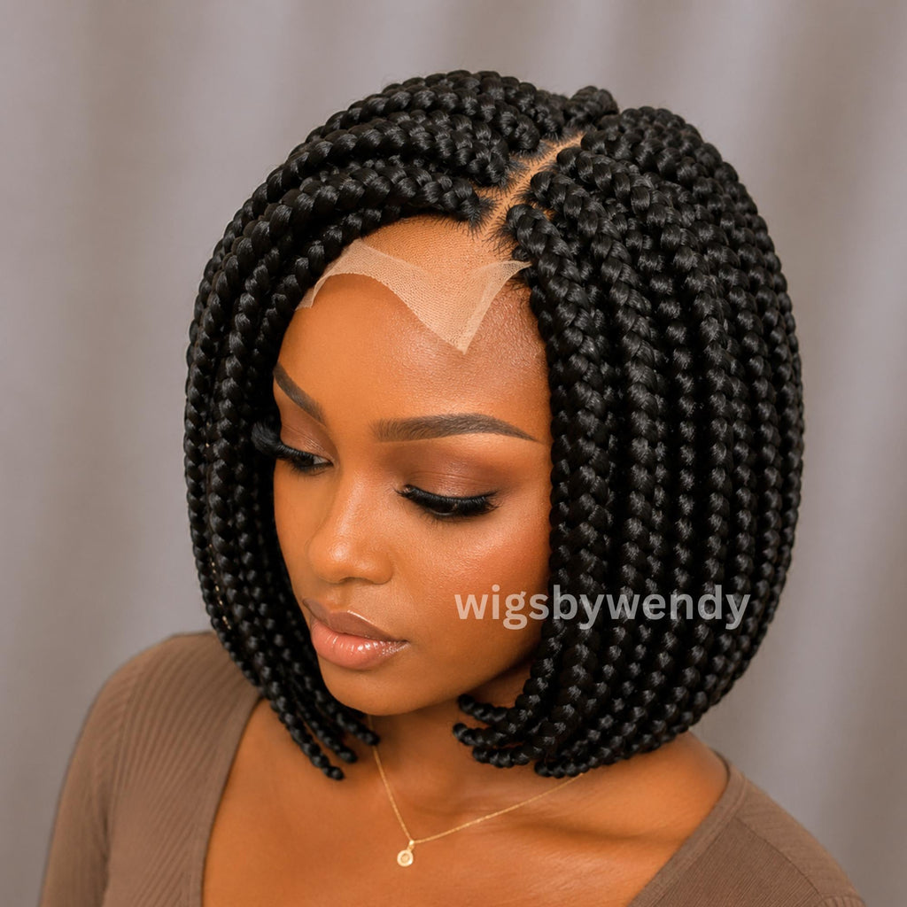 Short Bob Braids Wig, Single Big Box Lace Closure Lightweight Wig, Chunky Side Part Braids
