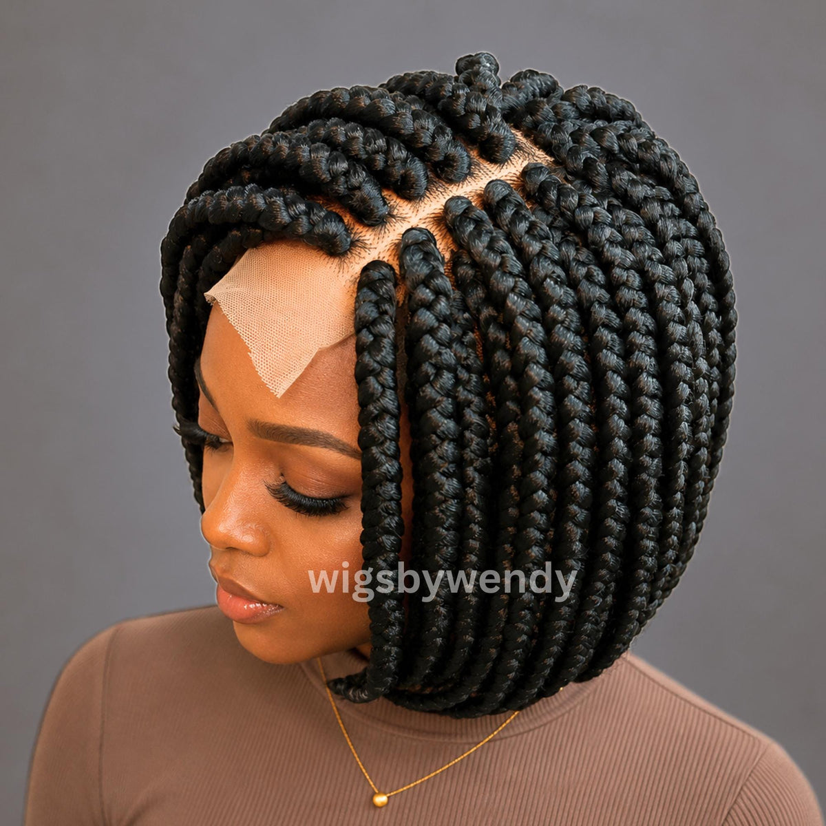 Short Bob Braids Wig, Single Big Box Lace Closure Lightweight Wig, Chunky Side Part Braids