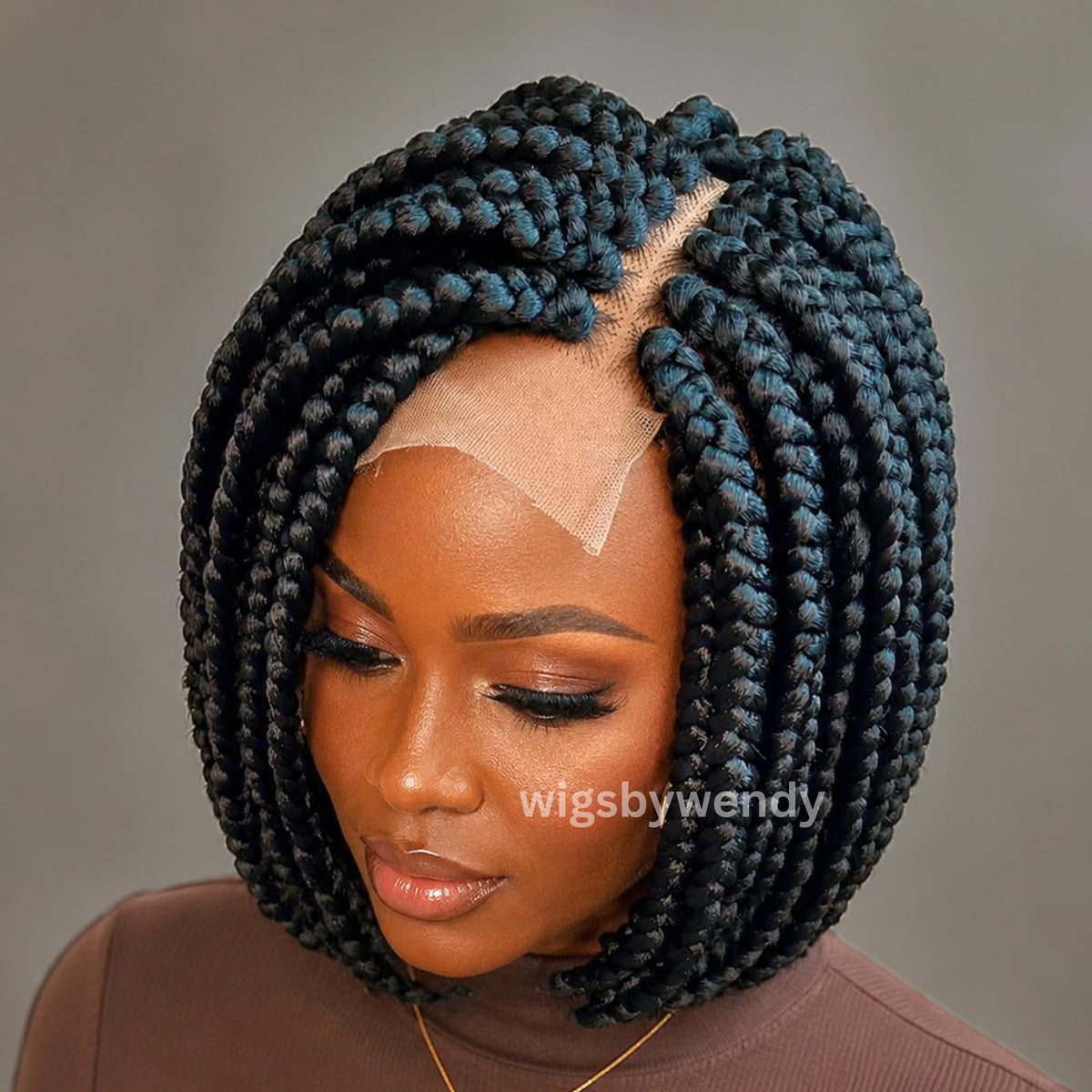 Short Bob Braids Wig, Single Big Box Lace Closure Lightweight Wig, Chunky Side Part Braids