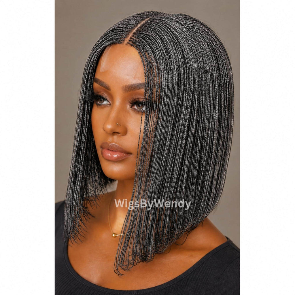 Salt and Pepper, Black and Grey Micro Twist Braided Wig, Centre-part Light-weight Single Nano Braids Wig