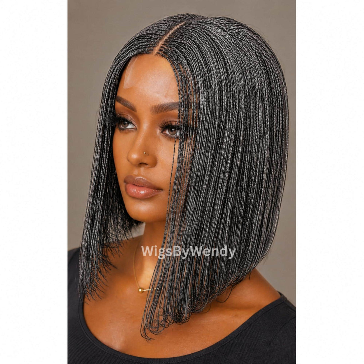 Salt and Pepper, Black and Grey Micro Twist Braided Wig, Centre-part Light-weight Single Nano Braids Wig