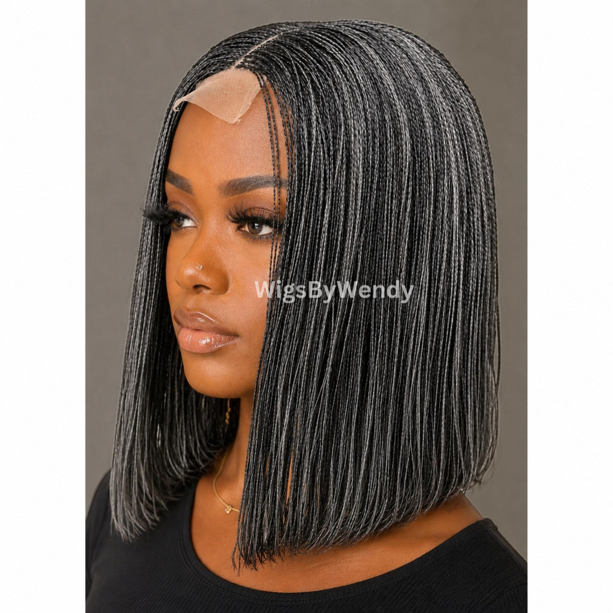 Salt and Pepper, Black and Grey Micro Twist Braided Wig, Centre-part Light-weight Single Nano Braids Wig