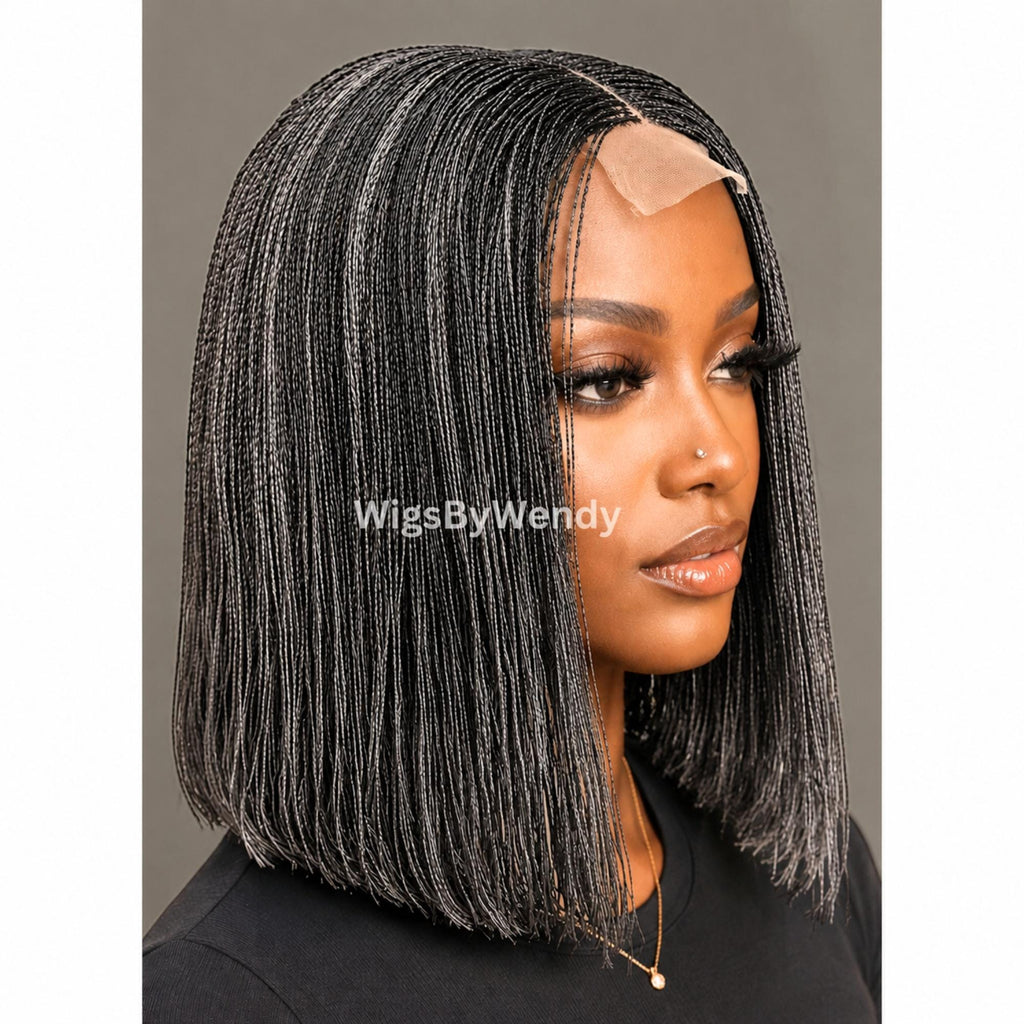 Salt and Pepper, Black and Grey Micro Twist Braided Wig, Centre-part Light-weight Single Nano Braids Wig