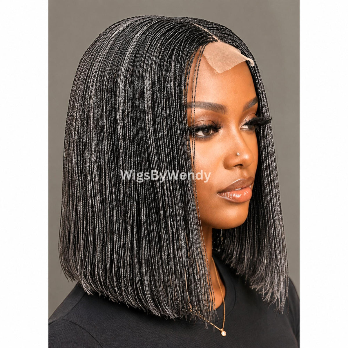Salt and Pepper, Black and Grey Micro Twist Braided Wig, Centre-part Light-weight Single Nano Braids Wig