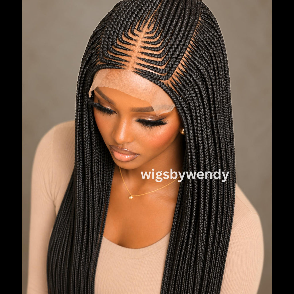 Lace Frontal Fulani Conrow Wig, Long Lightweight African Weave Braids Wig