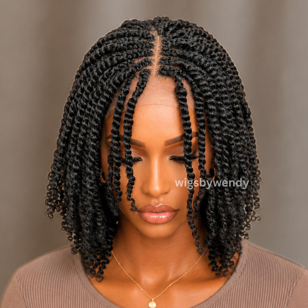 Short Bob Spring Twist Braids Wig, Passion Curls Lace Closure Lightweight Wig