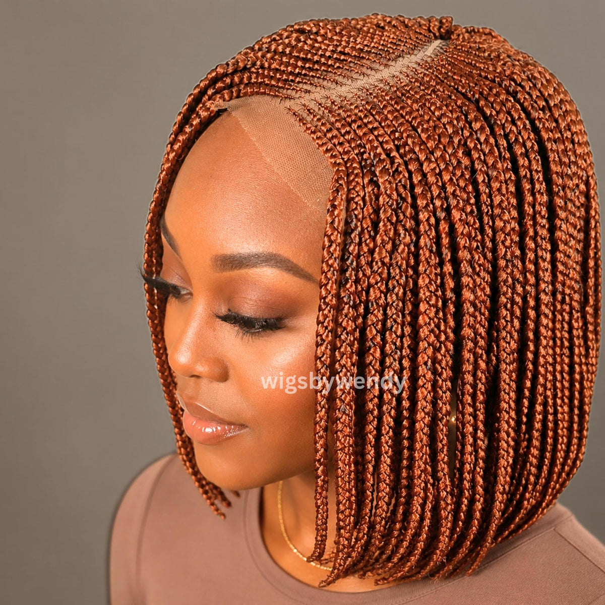 Short Bob Braids Wig, Human Hair Lace Closure Lightweight Wig, Ginger Bronze Wig
