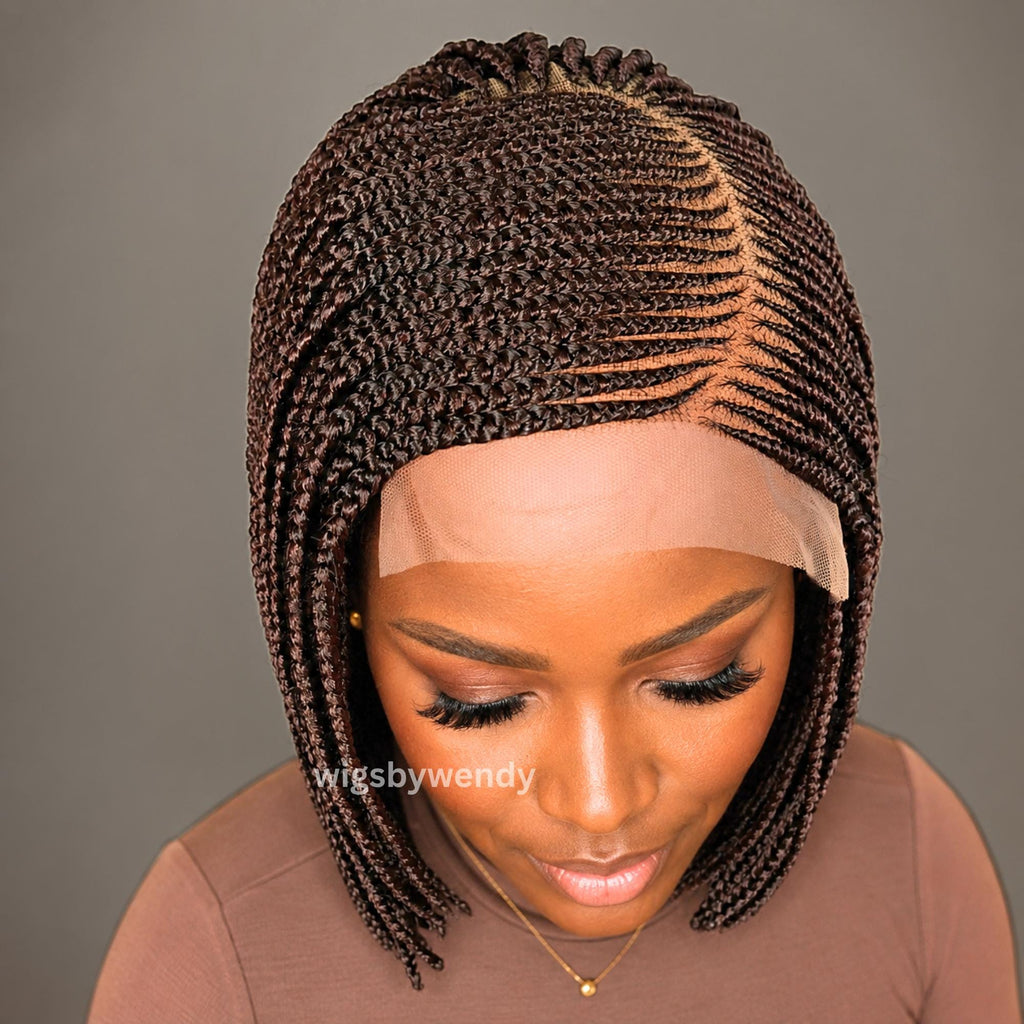 Brown Short Bob Braids Wig, Human Hair Lace Closure Lightweight Wig